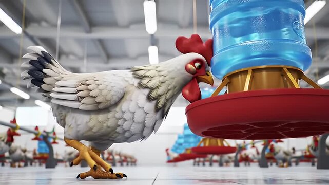 Stylized white chicken approaches a water dispenser in a warehouse setting