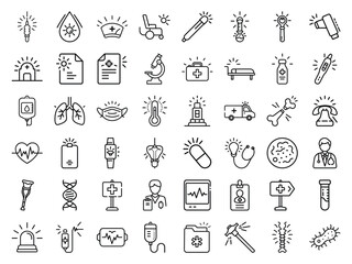 Medical Healthcare Line Icons Set Syringe, Stethoscope, Hospital Equipment, Organ, and Doctor Symbols with Bright Glowing Accents for Modern Design