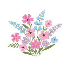 A colorful bouquet of stylized flowers in pink, blue, and purple with green leaves, isolated on a white background.