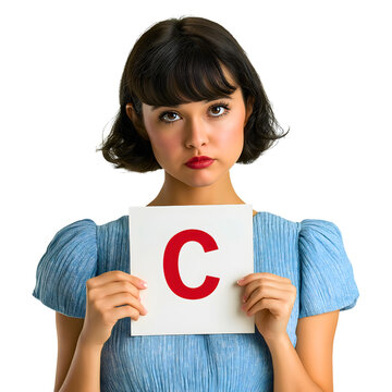 Disappointed Girl with a Grade: A young woman holds up a card displaying the letter C, her expression hinting at dissatisfaction and disappointment, against a clean, uncluttered backdrop.