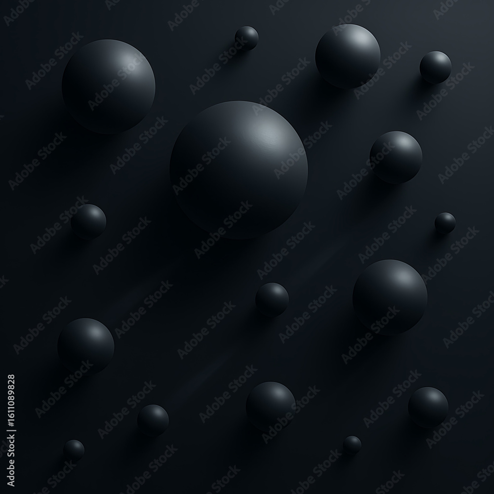 Poster dynamic black spheres floating with shadows, perfect for modern design concepts and abstract backgro