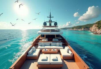 Naklejka premium luxury yacht helipad breathtaking ocean view serenity escape refreshing coastal escape elegant nautical experience, sea, wave, sunset, beach, sky, water