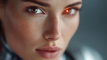 Futuristic female cyborg with glowing eye implant closeup shot