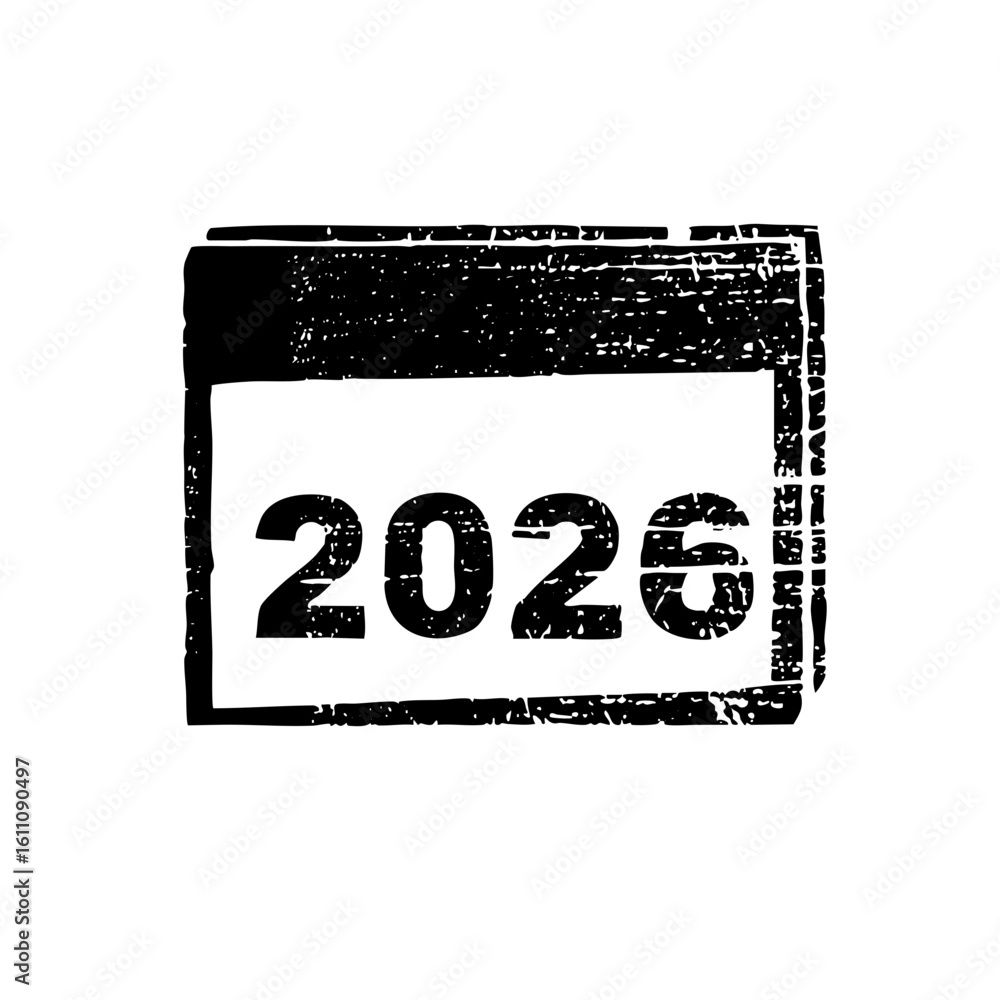 Poster vector bold typographic featuring the year 2026 within a rectangular stamp.