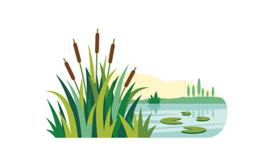 Peaceful Pond Scene with Cattails and Lily Pads: A Flat Vector Illustration for Nature-Inspired Design Projects and Environmental Concepts