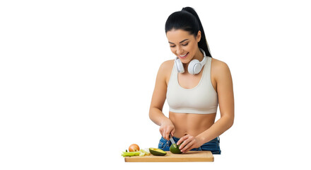 Young woman in kitchen cutting avocado isolated on white background
