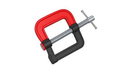 A red and black G clamp for woodworking, repairs, and assembling tasks showing detailed mechanical