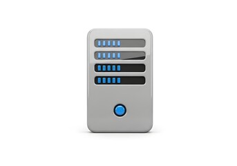 A stylized illustration of a server with progress bars, indicating data processing.