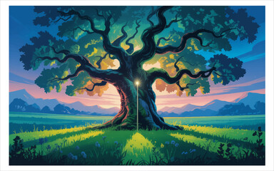 Ancient tree illuminated by magical light in a serene landscape vector