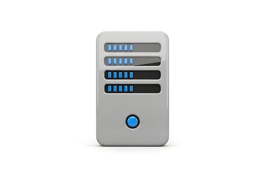 A stylized illustration of a server with progress bars, indicating data processing.
