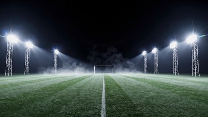 Empty football field under stadium lights with dramatic fog, symbolizing anticipation before match, energy, sports tension and competitive atmosphere