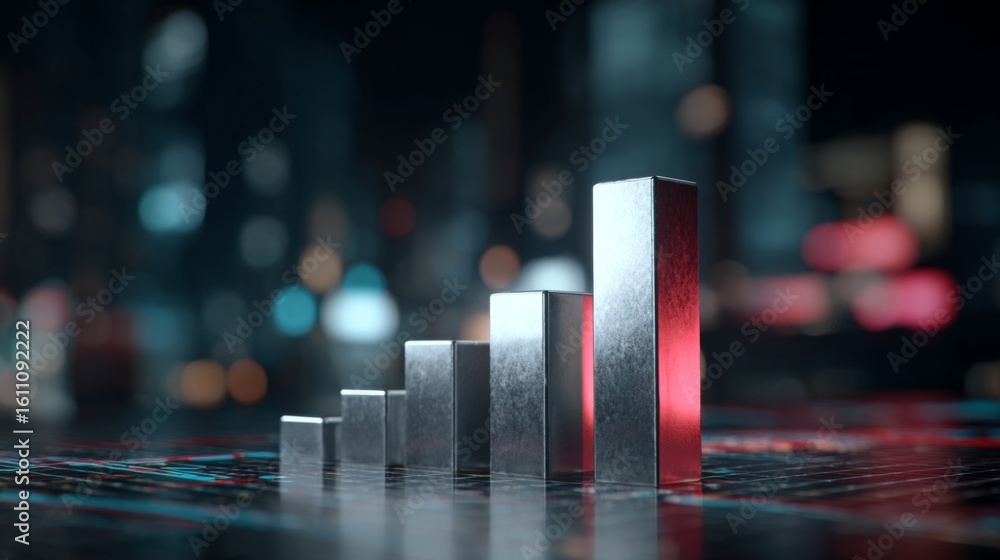 Poster a d bar chart with metallic, gradient bars rising from a financial graph, showing growth and progres