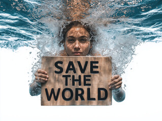 Underwater Plea: A determined individual makes a powerful statement underwater, holding a sign imploring to SAVE THE WORLD, framed by the swirling water.
