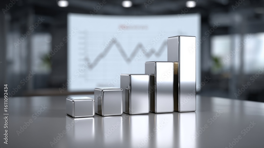 Poster a d bar graph with bright, metallic bars showing financial data in a minimalist setting, with a mode