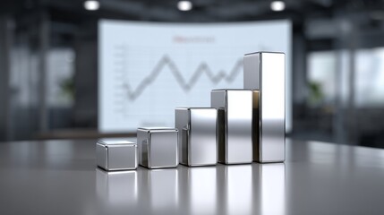 A D bar graph with bright, metallic bars showing financial data in a minimalist setting, with a modern, sleek digital interface in the background.