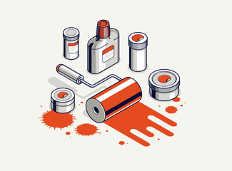 Painting walls interior vector 3D isometric illustration, diy renovation, residential flat renovate, apartment or house interior decoration.