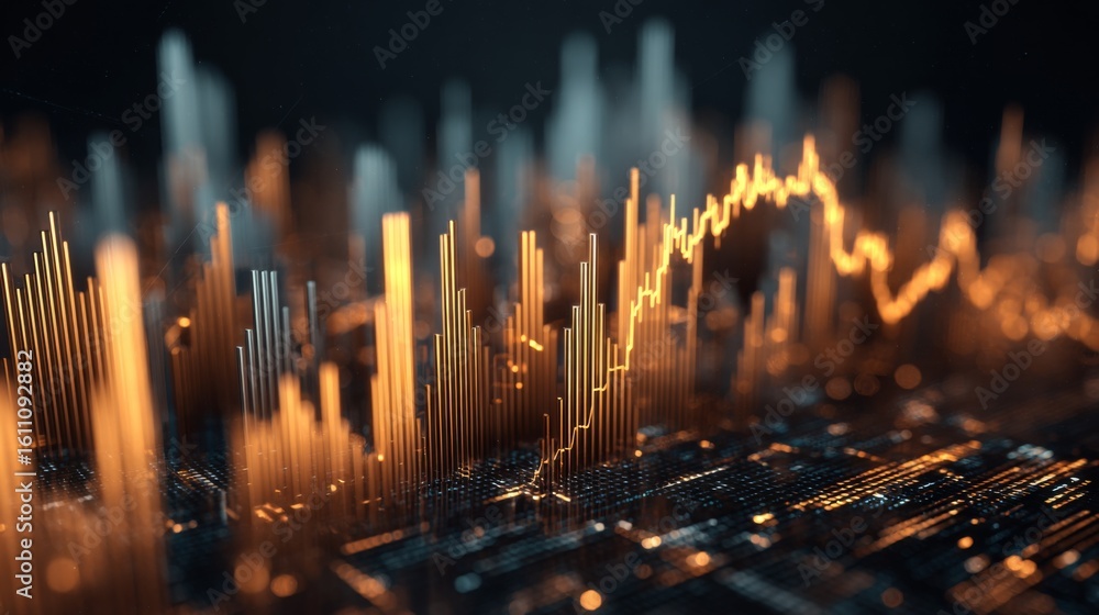 Poster a d financial graph with rising bars and an upward trending line chart, with metallic textures and s