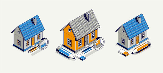 Cottage house for rest project concept set, 3D isometric vector illustration of a small house building project, countryside small house cabin in village or nature.