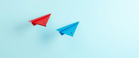 Three paper airplanes, red, blue, and green, poised for flight, paper airplane, plane