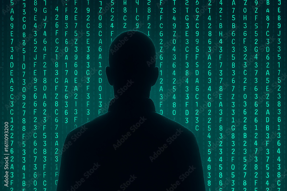 Poster silhouette of person with digital code matrix overlay, representing data security and technology