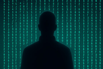 Silhouette of person with digital code matrix overlay, representing data security and technology