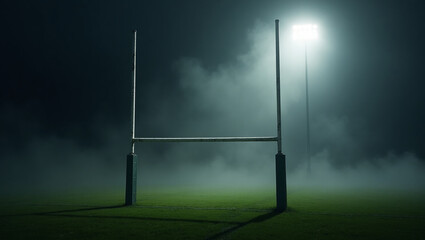 A solitary rugby goalpost stands shrouded in mist on a darkened field, illuminated by a distant spotlight, evoking a sense of mystery and anticipation