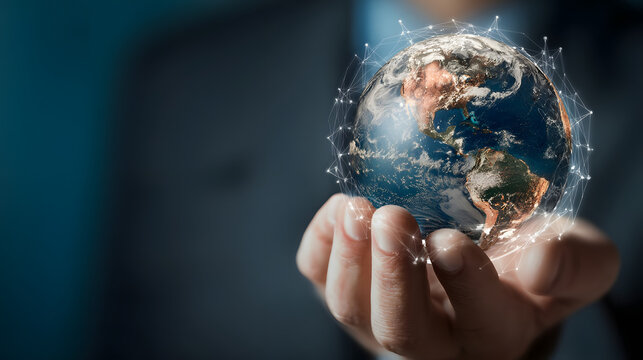 Global business analytics concept with earth globe, data charts, strategy, forecasting, and process visualization, brown and grey background