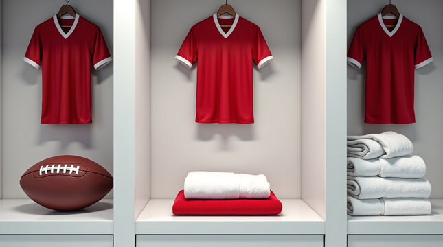 A football rests on a shelf in a locker room, surrounded by neatly folded towels and hanging jerseys, ready for the next game