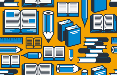 Books and reading seamless background, literature and library vector endless repeat wallpaper, education and documentary read.
