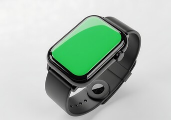Sleek black smartwatch with vibrant green screen displayed on a white background.