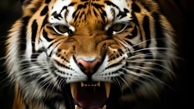 Beautiful Tiger Running 4K HD Video roaring tiger mid-frame with sharp fangs and fierce aggression