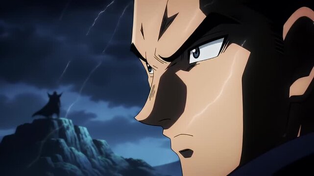 Hero faces villain on stormy night, lightning striking the dark clouded sky