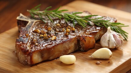 A beautifully seared T-bone steak on a wooden cutting board, with rosemary sprigs and garlic cloves placed beside it for garnish