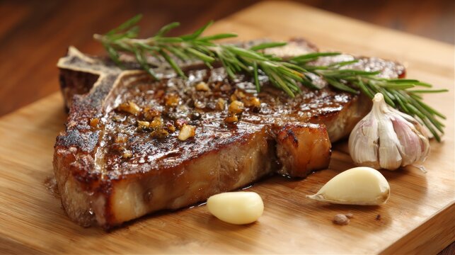 A beautifully seared T-bone steak on a wooden cutting board, with rosemary sprigs and garlic cloves placed beside it for garnish