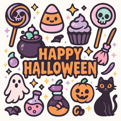 Happy Halloween vector set,unny spooky ghost pumpkin flower hippy emotional elements print collection. vector.eps