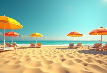 colorful vibrant beach umbrellas arrayed golden sand clear blue sky spacious coastal paradise, ocean, tropical, relaxation, shore, summer, vacation, bright