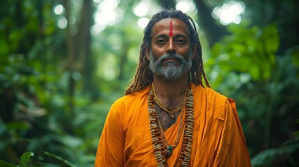 A mature spiritual environmentalist stands proudly in a lush green forest  long title A mature spiritual environmentalist with a long beard and