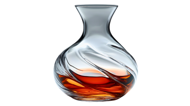 Elegant Decanter: A crystal-clear glass decanter, elegantly swirled, holds a rich amber liquid, a symbol of refinement and indulgence.