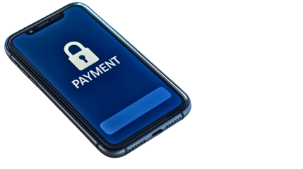 Secure Payment: Depicts a contemporary smartphone displaying a secure payment interface, complete with a digital padlock icon, symbolizing the safety of online transactions.