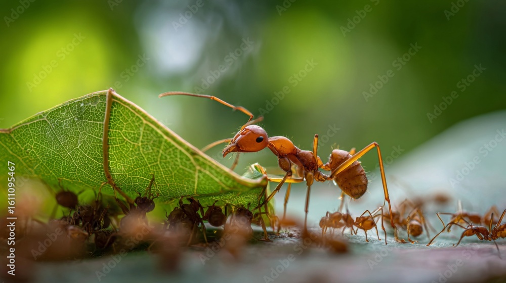 Poster a busy ant carrying a fragment of a leaf while other ants work around it, in a natural setting with 