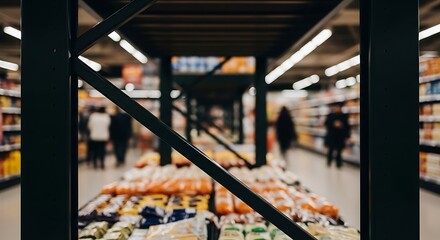 A grocery store aisle with produce and shoppers, viewed through a black metal shelf.