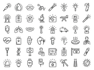 Medical Healthcare Line Icons Set Syringe, Stethoscope, Hospital Equipment, Organ, and Doctor Symbols with Bright Glowing Accents for Modern Design
