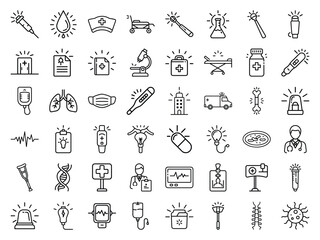 Medical Healthcare Line Icons Set Syringe, Stethoscope, Hospital Equipment, Organ, and Doctor Symbols with Bright Glowing Accents for Modern Design