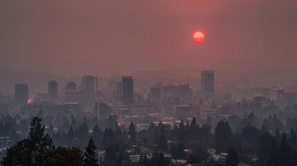 Fototapeta premium A city skyline shrouded in a thick, orange haze from wildfire smoke, with a glowing, red sun barely visible through the polluted atmosphere
