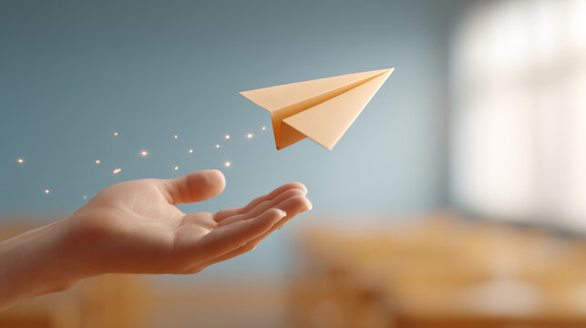 Embassy hand releasing paper airplane in classroom environment