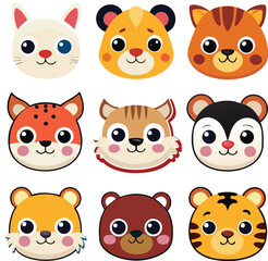 Fototapeta premium Cute Cartoon Animal Faces Set Cat Bear Tiger Hamster Squirrel