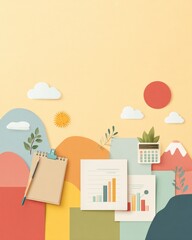 Global warming Business collaboration concept with charts documents calculator and notepad on abstract landscape background Conceptual global warming thermometer heat