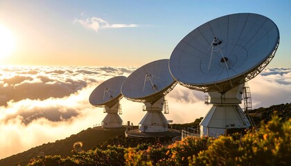 Large Radio Telescopes at Sunset Over Clouds