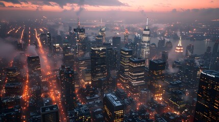 Naklejka premium New York City Skyline Dusk Fog