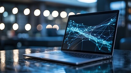 Laptop displaying digital network graph technology